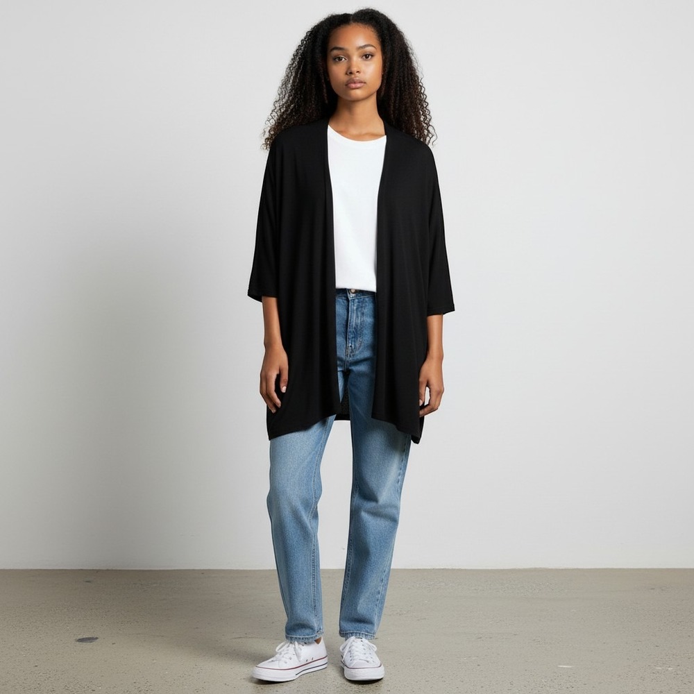 Allison Izu Loren Kimono Black Jersey Cardigan XL NEW Minimalist Chic Staple
